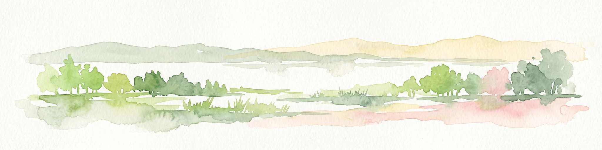 Una ilustración en acuarela que representa un suave paisaje panorámico de colinas onduladas y árboles en tonos verde claro, amarillo y rosa sobre un fondo blanco.