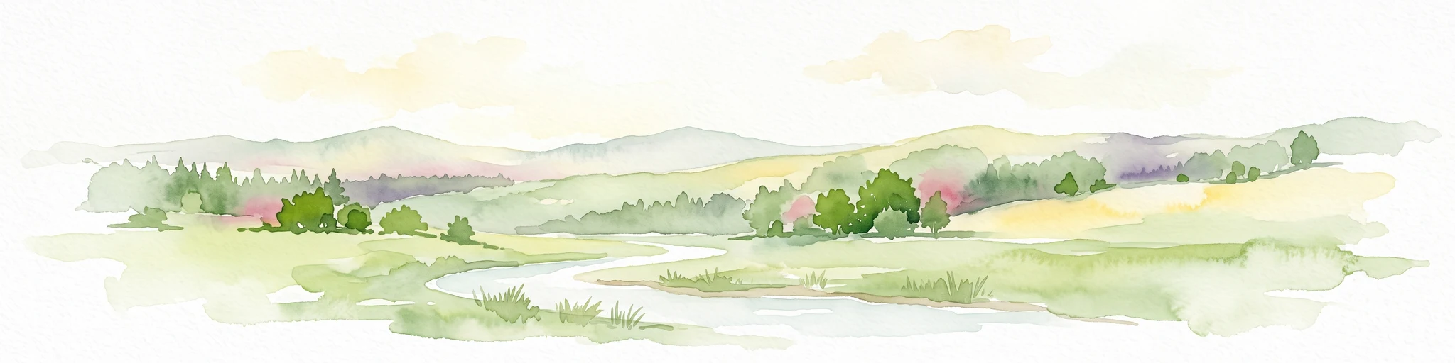 A soft watercolor illustration of a gentle winding river flowing through a green, rolling landscape with scattered trees and distant, hazy hills.