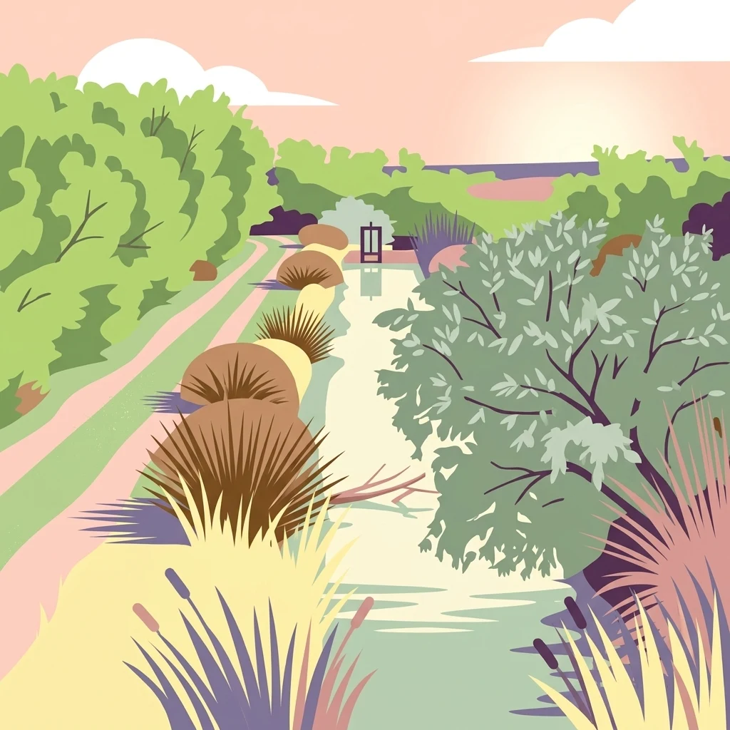 A stylized digital illustration of a wetland canal scene in the Camargue, featuring soft pastel colors, tall grasses, marsh vegetation, and a sunset sky.