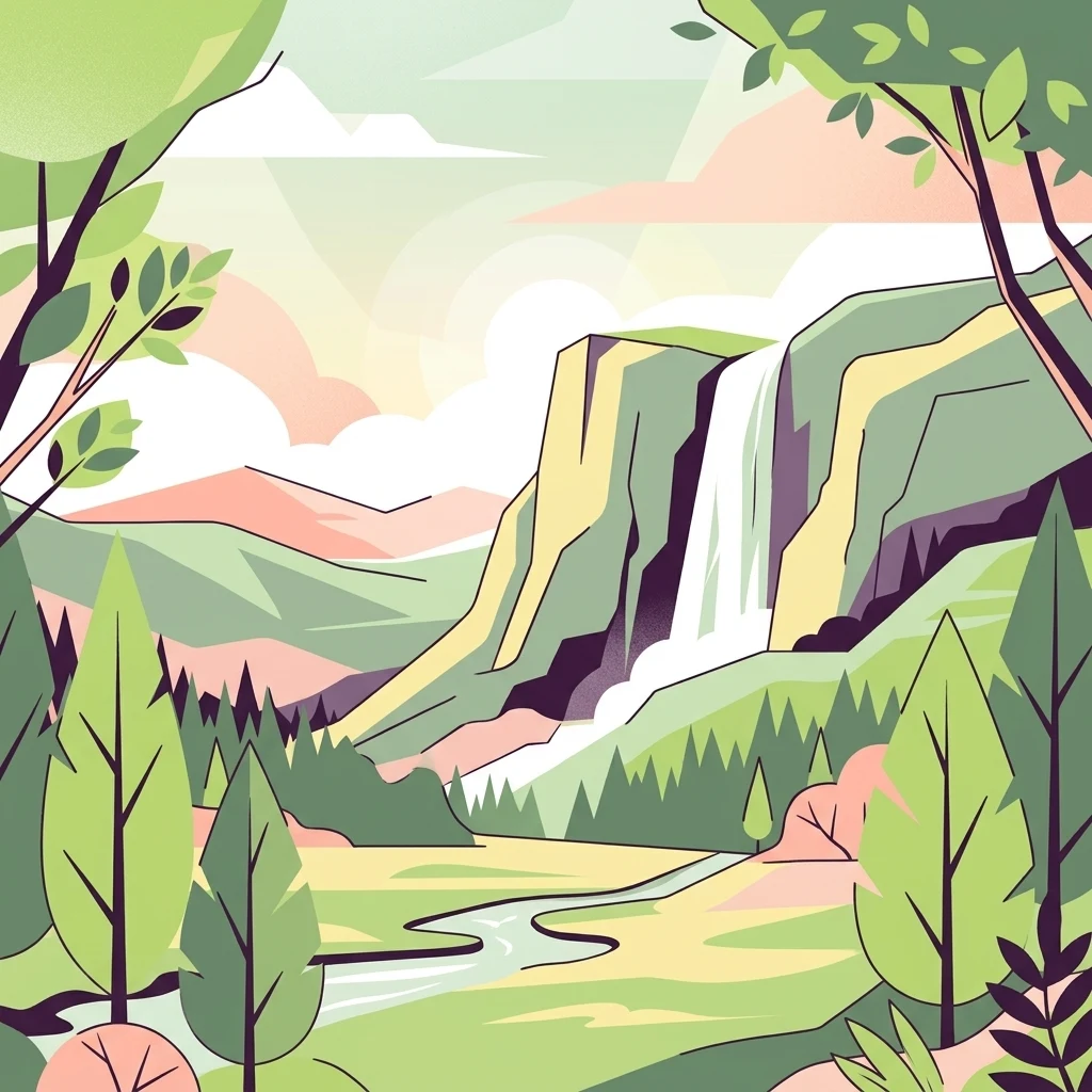 An illustration of a landscape with green trees in the foreground, a waterfall cascading down rocky cliffs, and mountains in the distance.