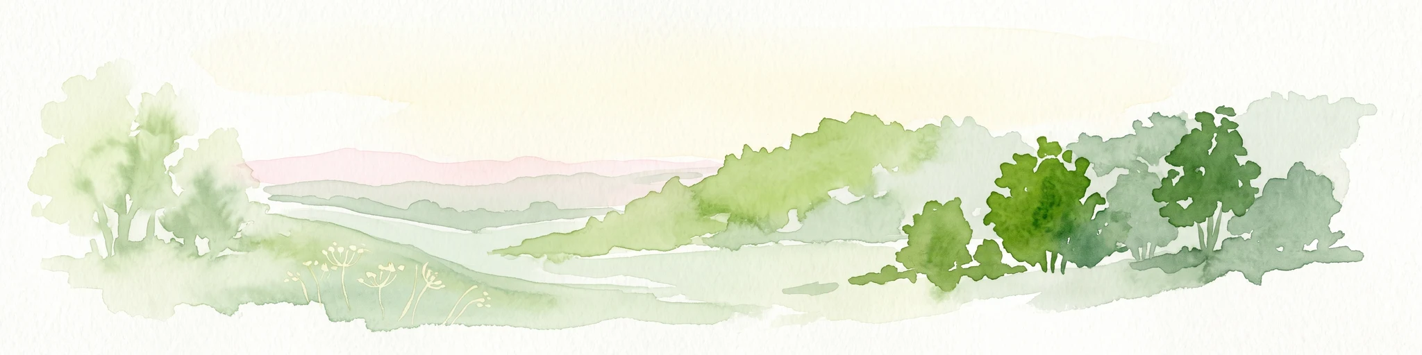 Una suave acuarela horizontal que representa un paisaje ondulado y apacible con colinas verdes, árboles dispersos y un fondo brumoso en tonos verde pálido y rosa.