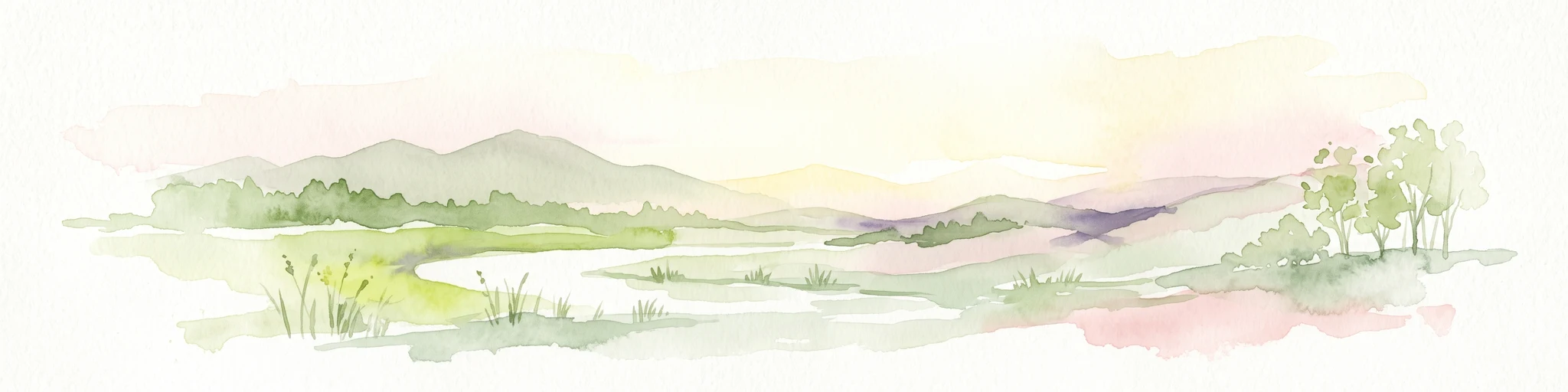 A watercolor illustration of a serene landscape with rolling hills, a meandering river, and soft light.