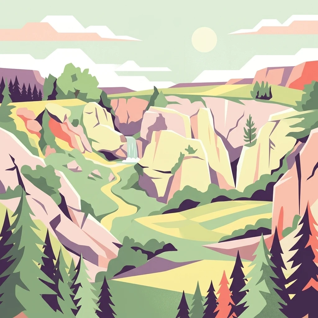 A digital illustration of a valley with light-colored limestone cliffs, a small waterfall, and coniferous forests, rendered in a flat, graphic style.