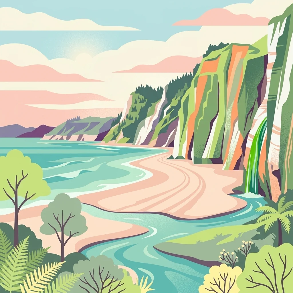 A stylized digital illustration of a coastal landscape with high cliffs, a sandy beach, a stream flowing into the sea, and lush green vegetation.
