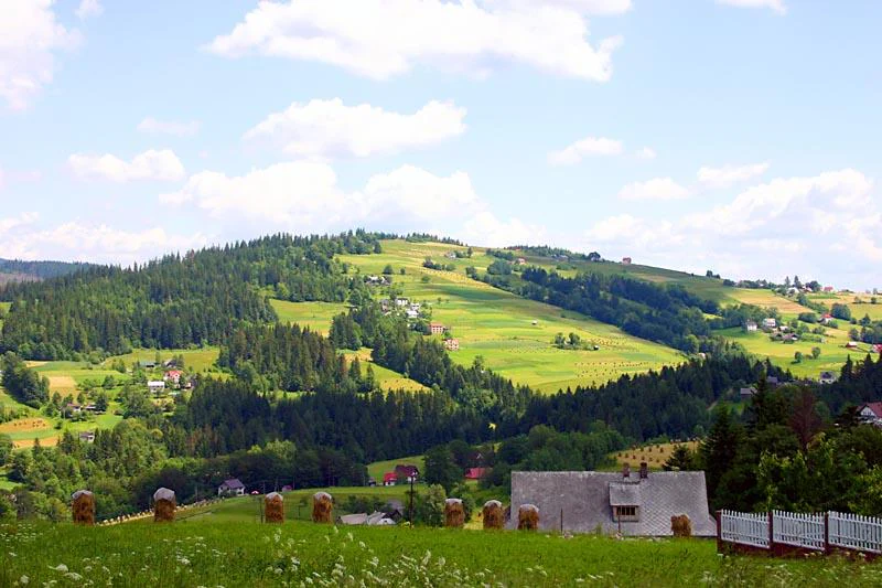 A wide, sunny landscape view of rolling, green, forested hills and meadows in the Beskid mountains, with scattered houses and haystacks visible in the foreground and on the hillsides.