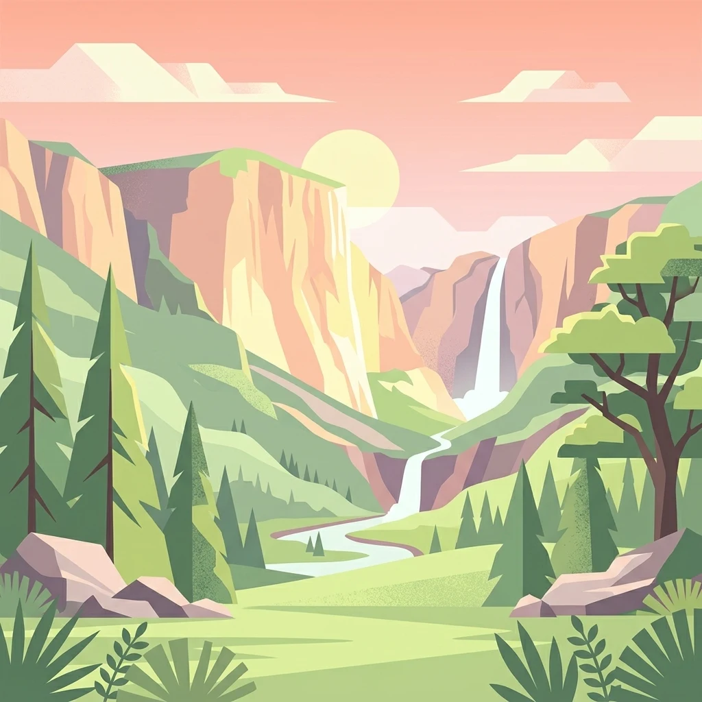 Una ilustración digital de estilo plano de un valle montañoso al atardecer, con una alta cascada que desemboca en un arroyo serpenteante, enmarcada por pinos, acantilados rocosos y un cielo rosa suave.