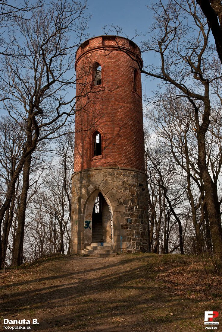 A cylindrical, two-story brick and stone observation tower set amidst leafless trees on a hill, featuring a Gothic-style arched entrance.