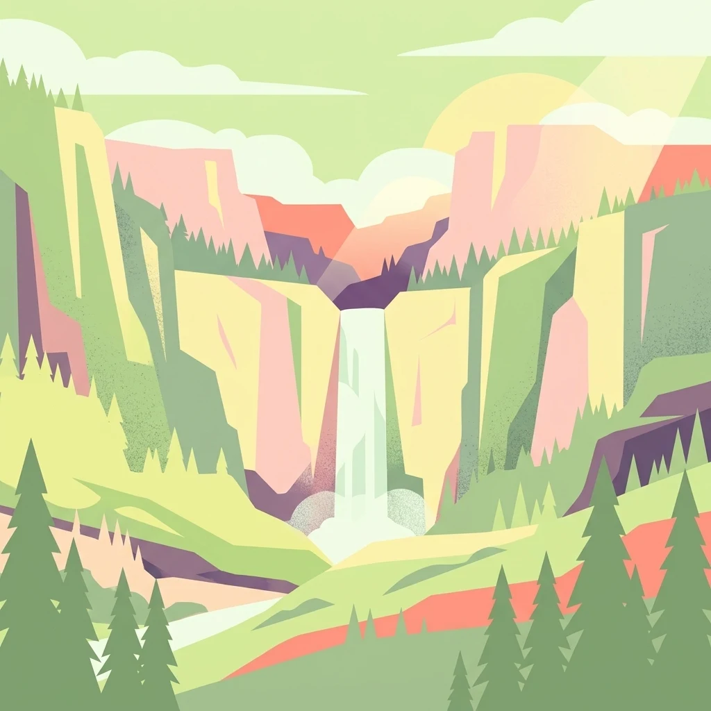 Una ilustración vectorial minimalista y de estilo plano que muestra una cascada alta que fluye por un cañón rocoso flanqueado por pinos y capas de acantilados.