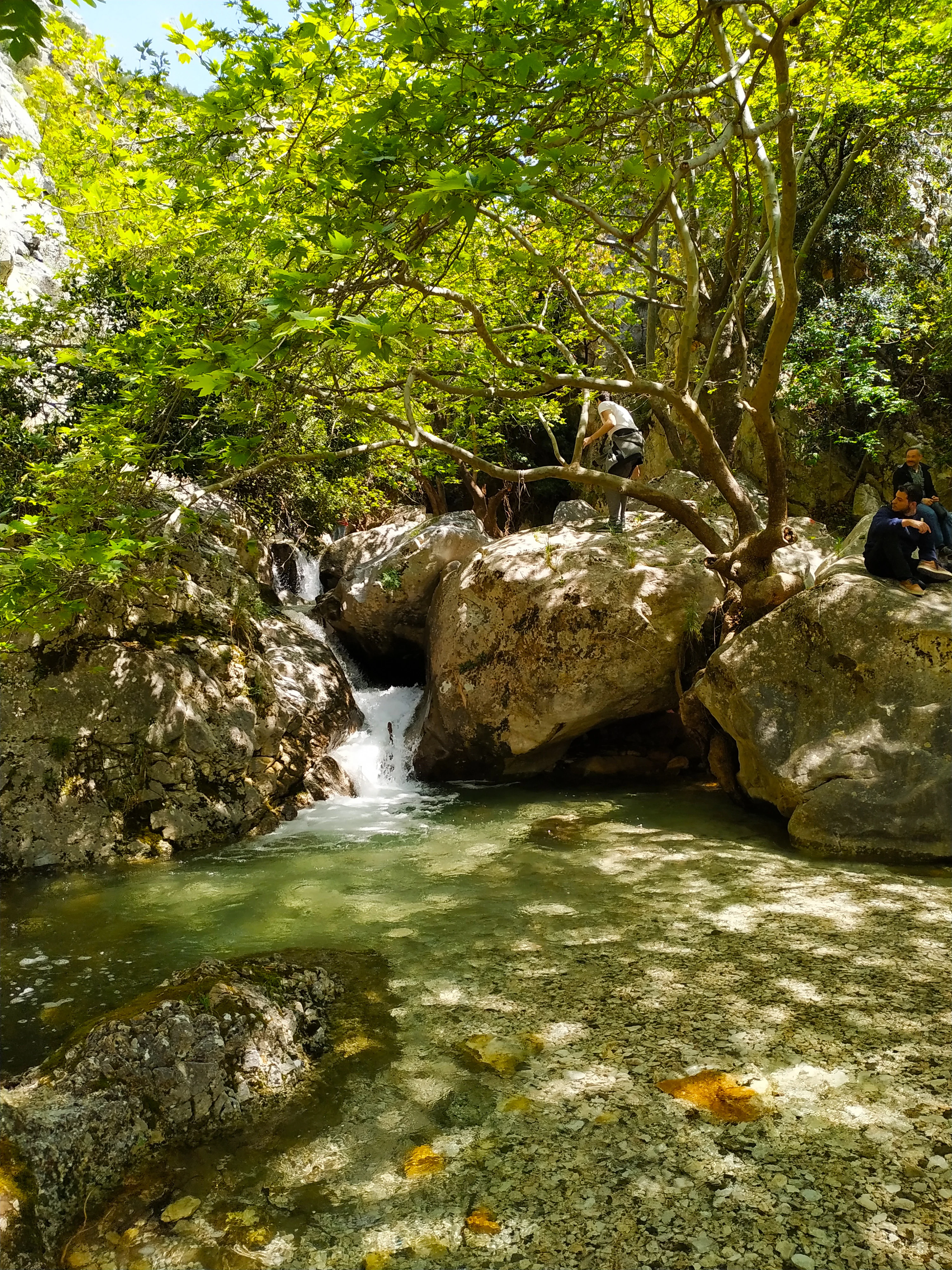A small waterfall flows into a clear, shallow stream surrounded by large boulders and overhanging leafy trees, with two hikers resting nearby.