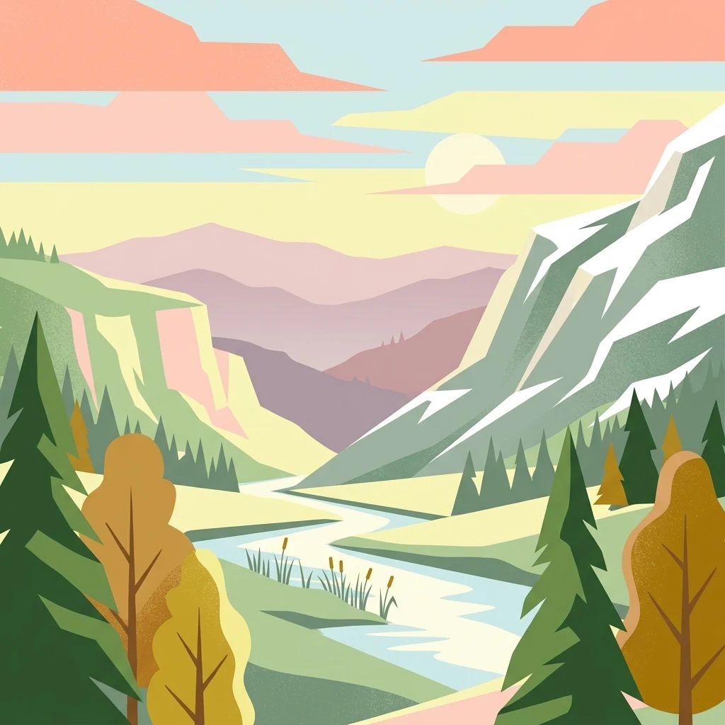 A flat-style digital illustration of a mountain valley at sunset, featuring a winding river, evergreen and deciduous trees, and layered distant mountain peaks.