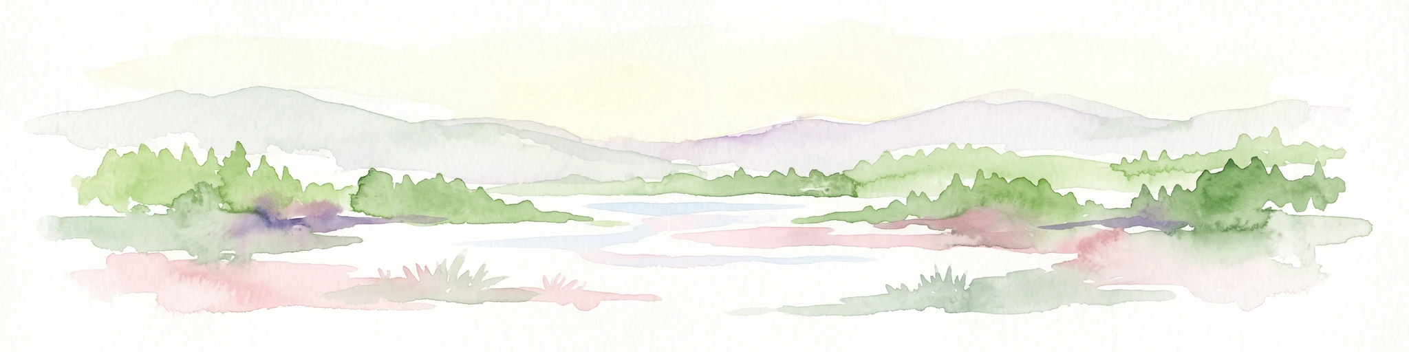 A horizontal watercolor painting showing a soft mountain landscape with green forests and a central light-colored area under a pale sky.
