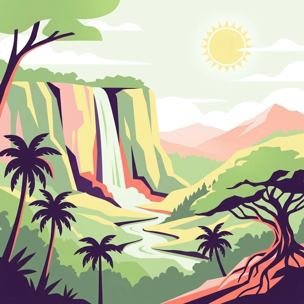 A flat, vector-style illustration of a sunny, tropical valley featuring a waterfall cascading from a cliff, a winding river, and palm trees under a bright sun.