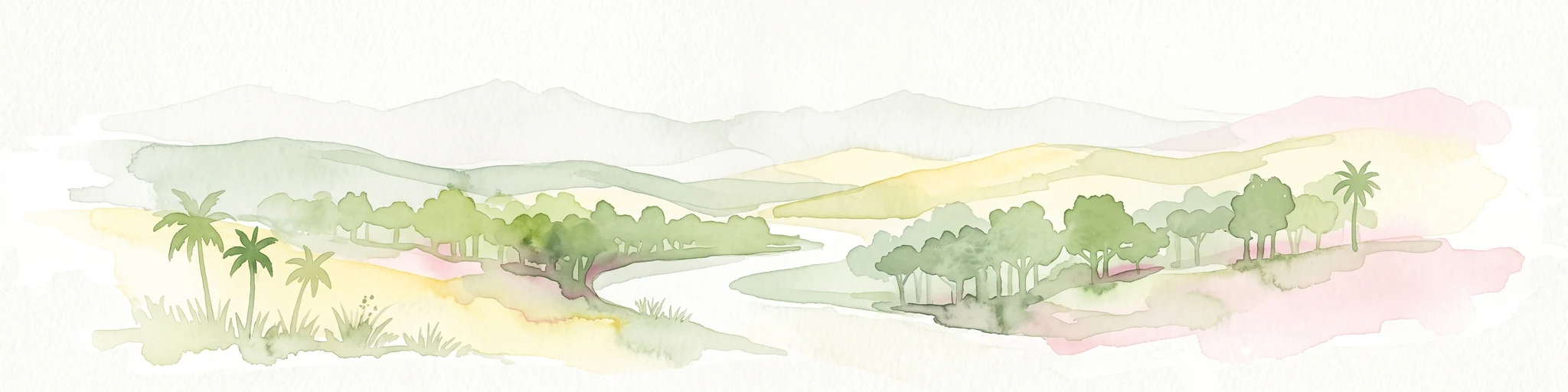 A soft watercolor painting showing a winding river through a valley with trees and palms on the banks and rolling hills in the background.