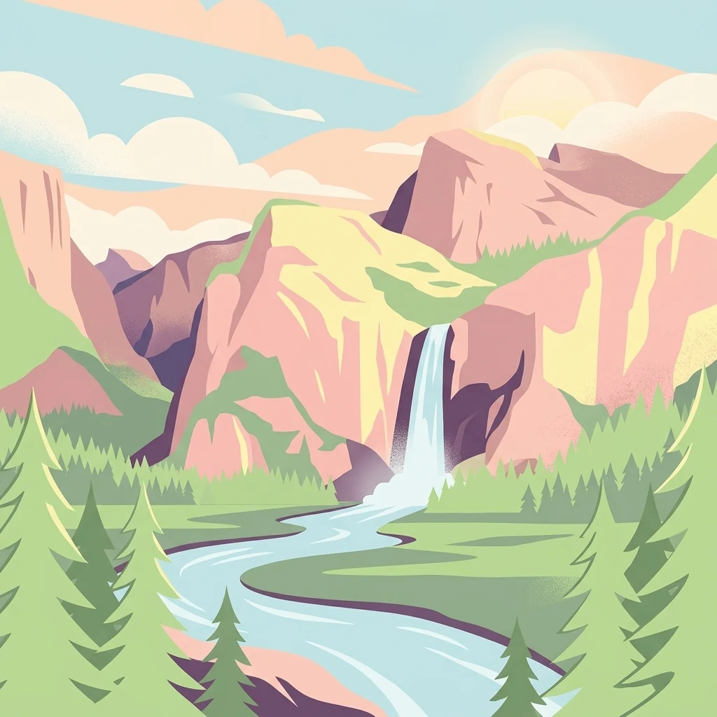 A stylized flat vector illustration of a valley with towering mountains, a cascading waterfall, a winding river, and pine trees under a sunset sky.