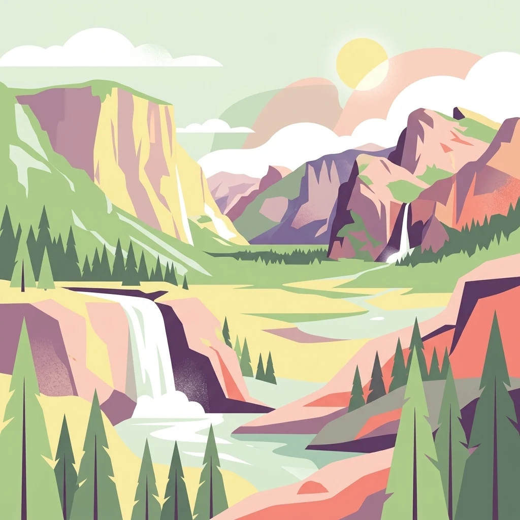 Una ilustración vectorial colorida que muestra un paisaje de valle montañoso con dos cascadas, pinos en primer plano y un sol en el cielo.