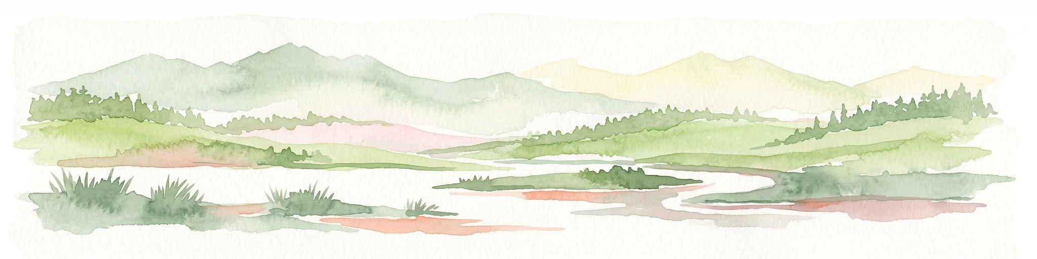 Una ilustración horizontal en acuarela de un paisaje suave con colinas verdes onduladas, un río serpenteante y un horizonte montañoso de color claro.