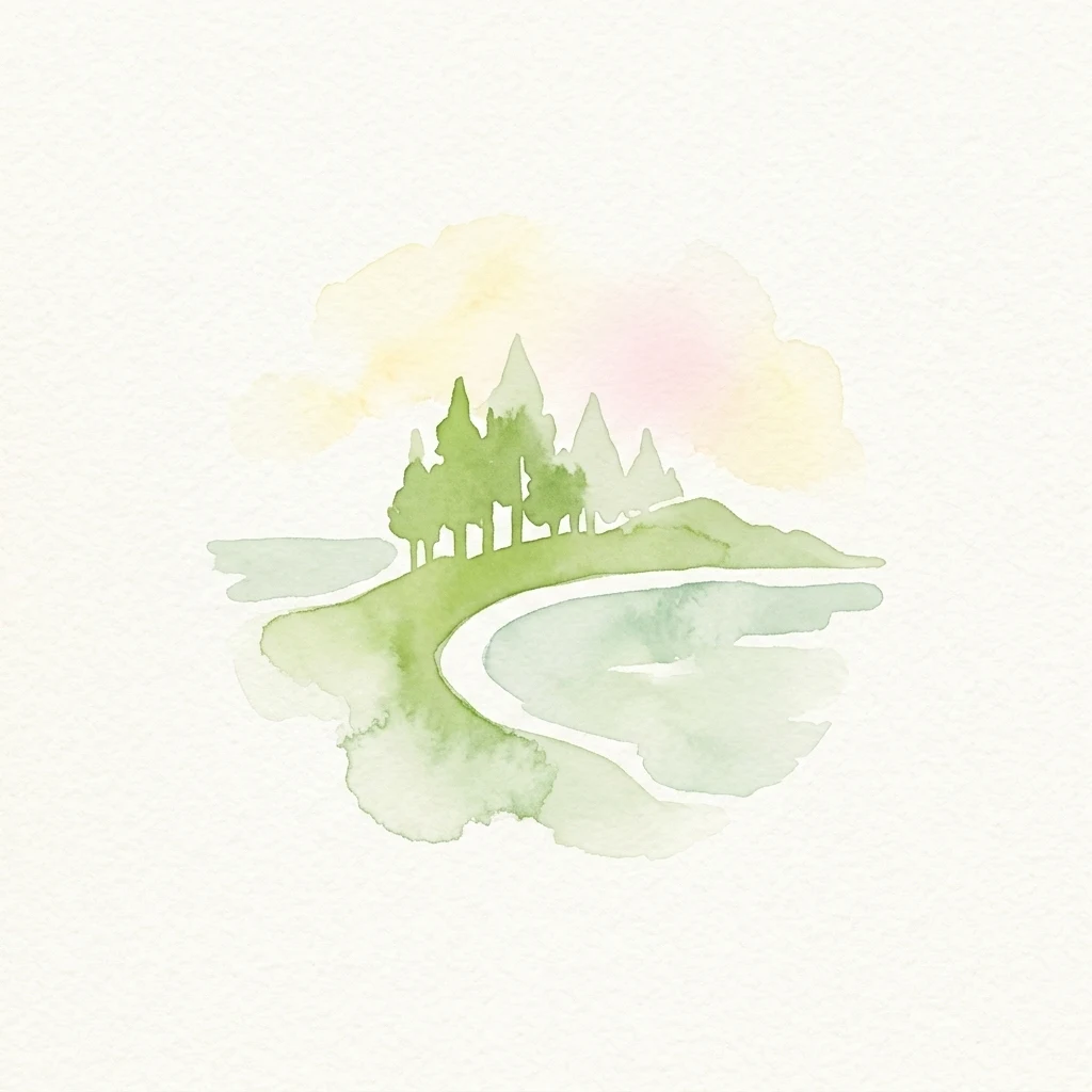 A watercolor illustration showing a winding river or path through a green landscape with trees and distant mountains against a pale sky.