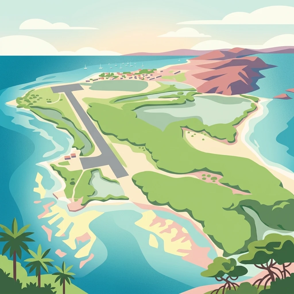 Ilustración estilizada y colorida que muestra una vista aérea de una isla tropical con una pista de aterrizaje larga, vegetación verde, playas de arena y aguas azules circundantes con arrecifes de coral.