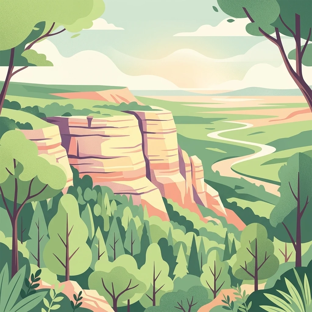 Una ilustración que representa un valle pintoresco con un río serpenteante, bordeado por acantilados rocosos escarpados de color claro y frondosos árboles verdes bajo un cielo suave y brumoso.