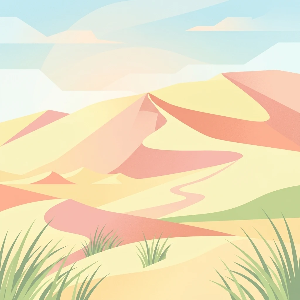 Una ilustración digital estilizada de dunas de arena en tonos amarillos y melocotón bajo un cielo azul suave, con pequeños parches de hierba verde en primer plano.