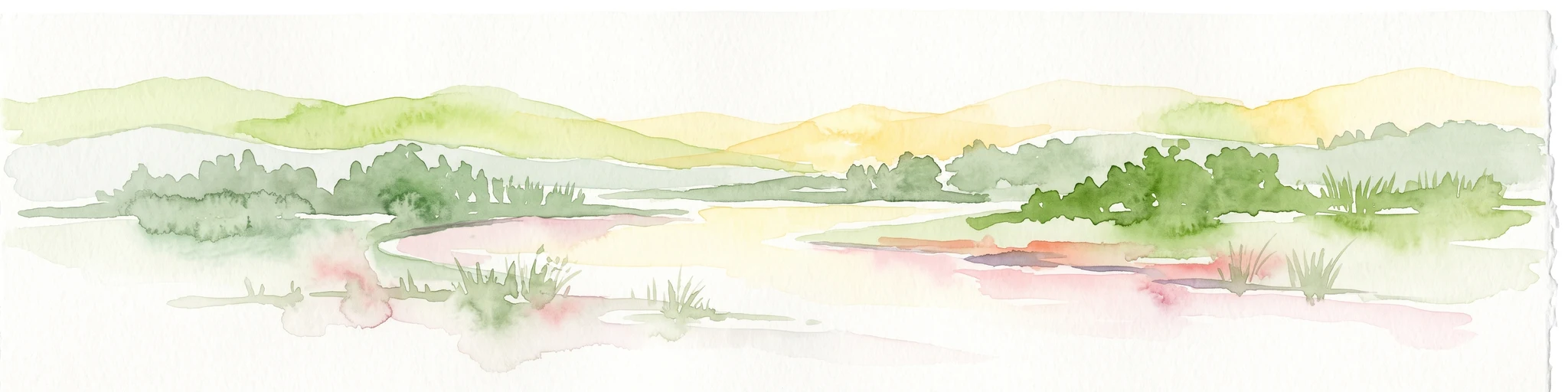 A soft, light-toned watercolor illustration of a river landscape with low green islands and marshy vegetation under a pale, minimalist sky.