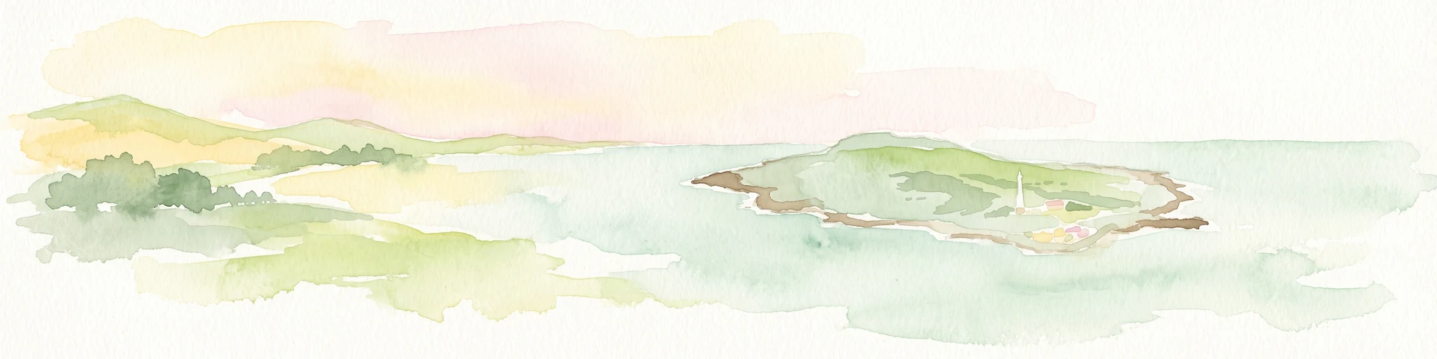 Una pintura suave en acuarela que muestra una isla rodeada de agua, con colinas verdes distantes en el horizonte bajo un cielo de color claro.