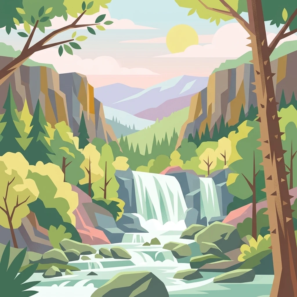 A stylized vector illustration showing a double waterfall cascading over rocky ledges into a stream, framed by pine and deciduous trees in a mountainous valley under a pale sun.