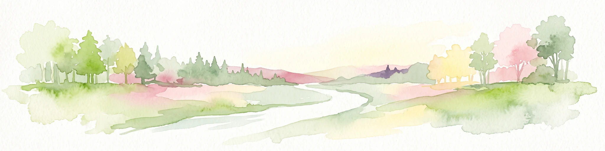A watercolor painting of a gentle landscape featuring a stream flowing through a grassy meadow bordered by trees with soft pastel colors.