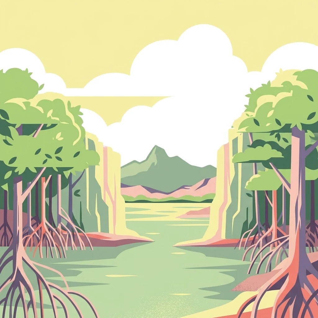 A flat-style digital illustration showing a calm, light green lagoon lined by stylized mangroves with visible prop roots, framed by distant, gently sloping hills under a pale sky with fluffy clouds.