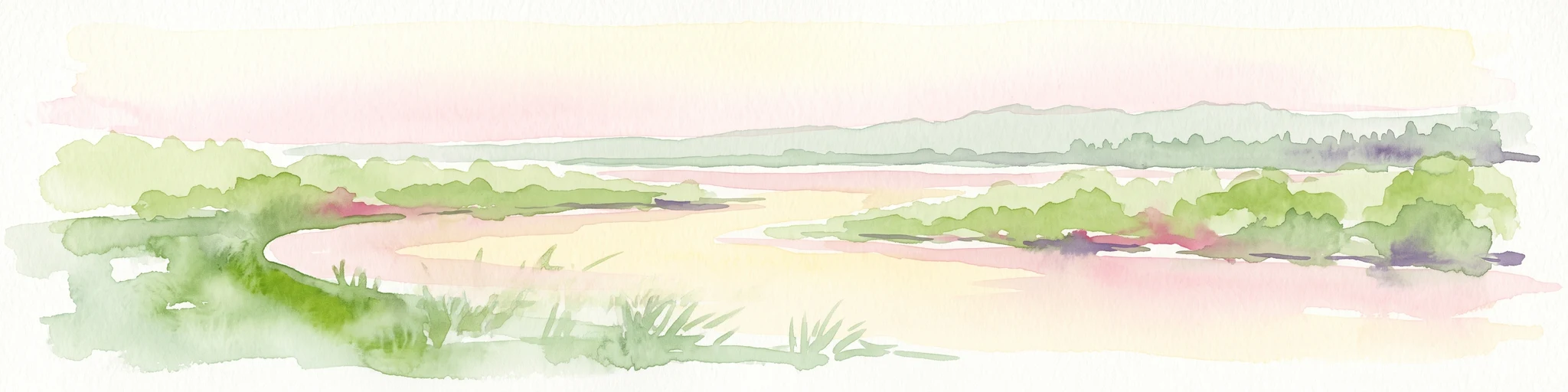 A soft-toned watercolor painting of a calm coastal lagoon with marshy green banks and distant hills against a light sky.