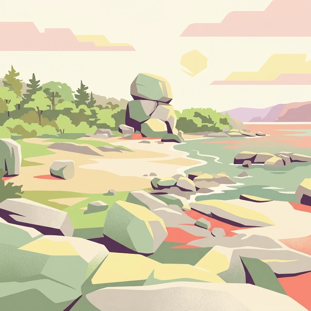 Una ilustración digital estilizada de una orilla serena del lago con grandes rocas dispersas, una zona de playa arenosa y un frondoso bosque verde bajo un cielo suave de colores pastel.