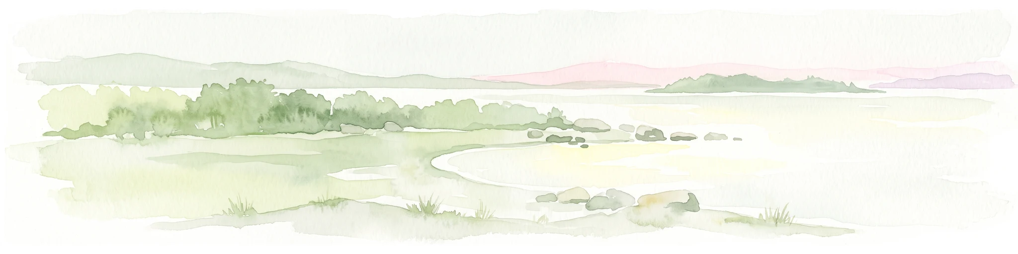 Acuarela de un paisaje de un lago amplio y tranquilo con una orilla arenosa, vegetación escasa y colinas suaves al fondo.