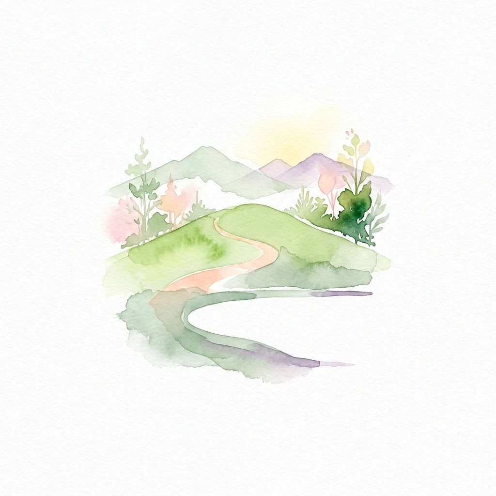 Una ilustración en acuarela que muestra un camino sinuoso o un río que fluye a través de colinas verdes, con árboles y montañas moradas al fondo sobre un fondo blanco.