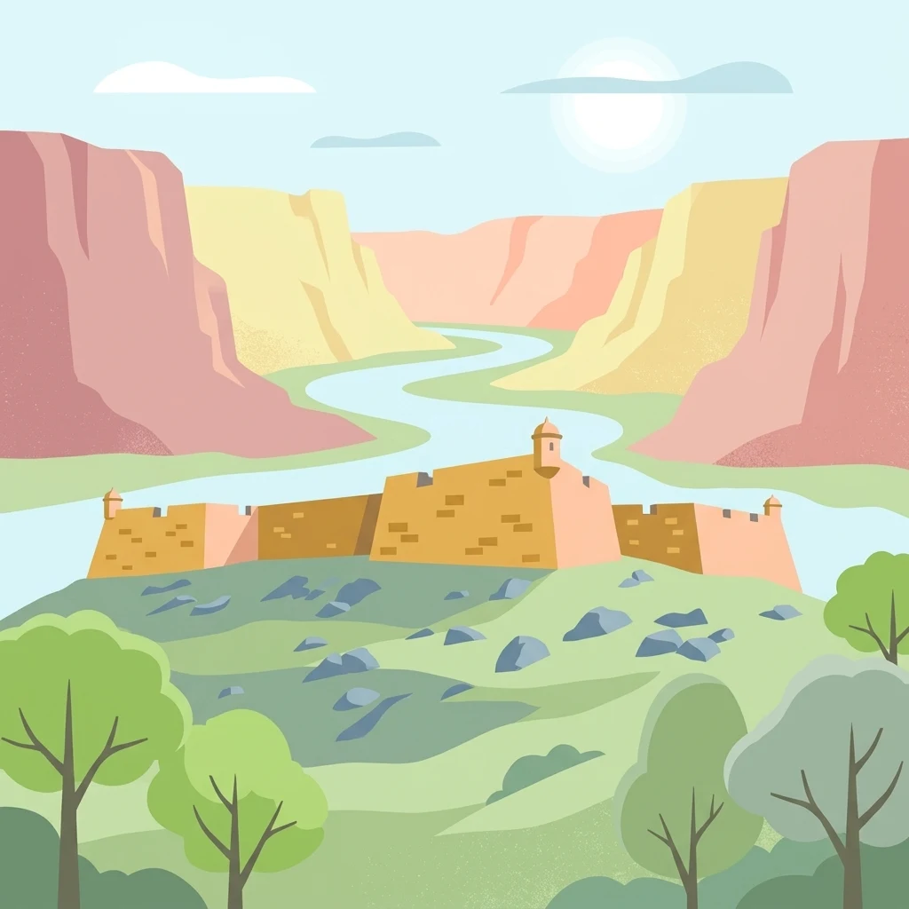 A flat vector-style illustration showing a stone fort on a green hill with scattered rocks and trees, with a winding river flowing through a pink and yellow canyon in the background under a sunny sky.