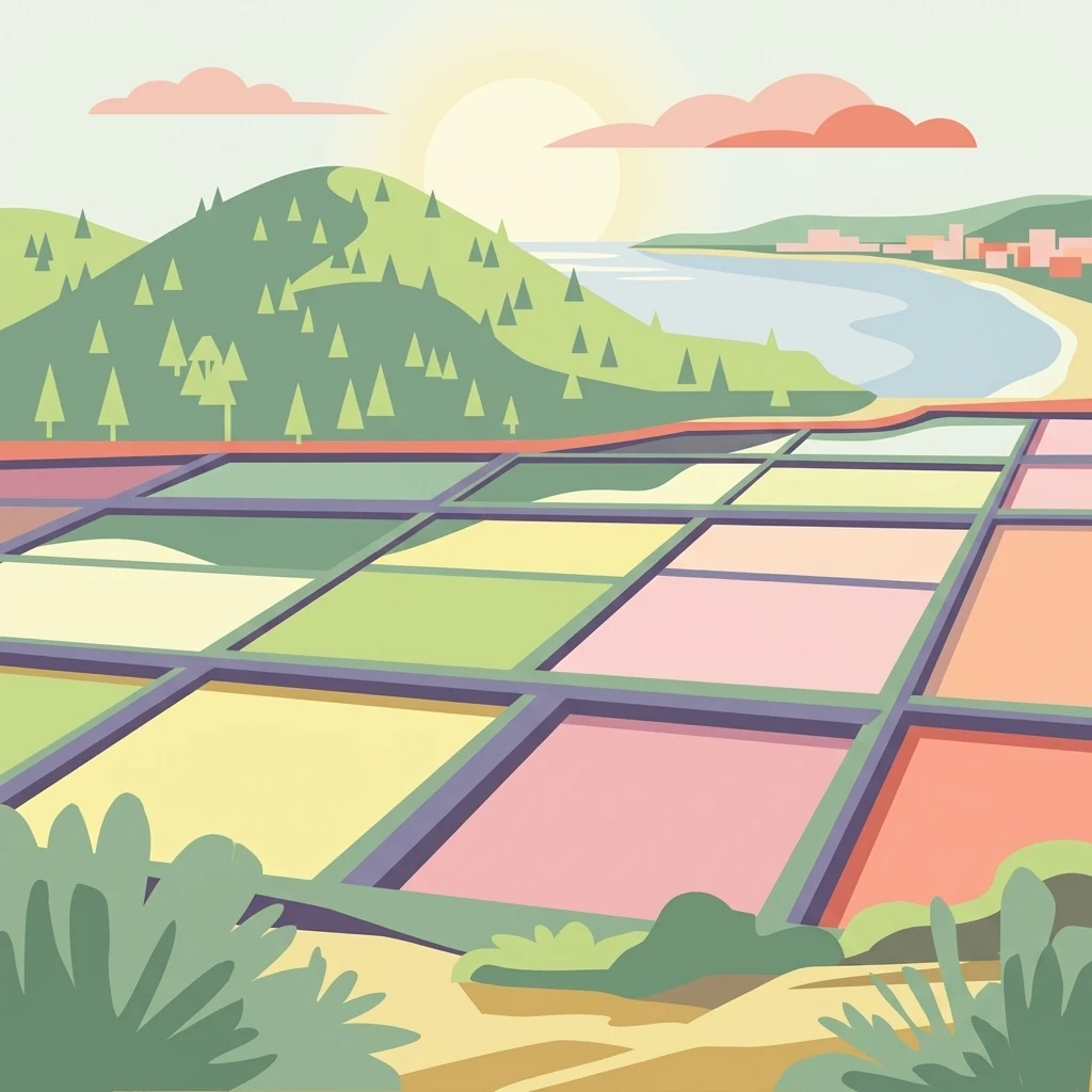 A stylized flat illustration showing a grid of colorful rectangular salt pans in the foreground with a coastal landscape featuring a hill, trees, and sea in the background.
