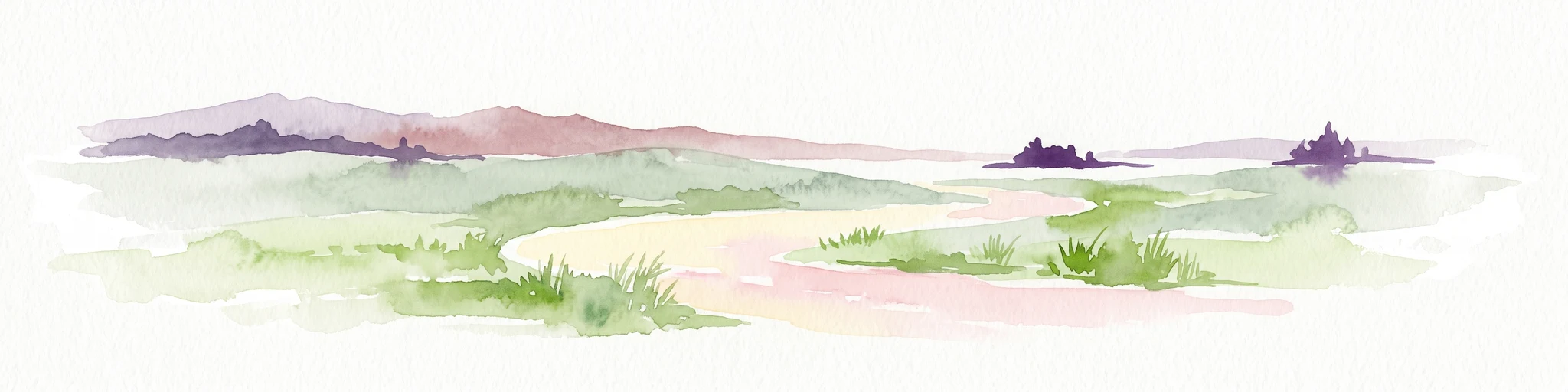 Una ilustración minimalista en acuarela de un paisaje costero con hierbas de marisma verdes, charcas de agua pálidas y colinas moradas a lo lejos sobre un fondo blanco.
