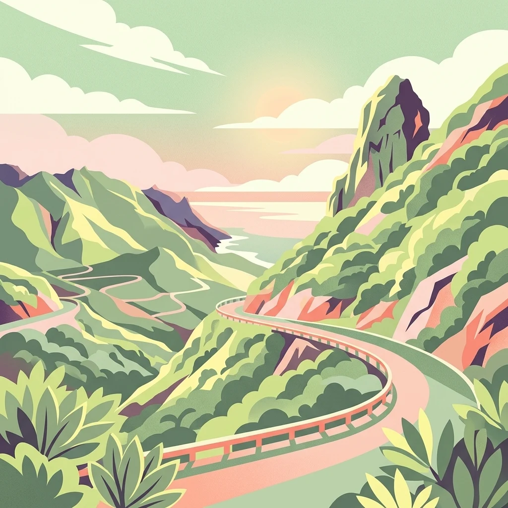 A stylized graphic illustration of a winding mountain road descending through a green, hilly landscape towards the sea under a soft, golden sky.