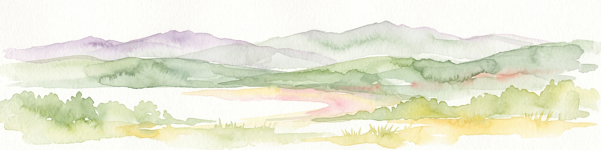 Watercolor painting of soft, layered mountain ridges in shades of green, purple, and pale yellow, set against a white background.