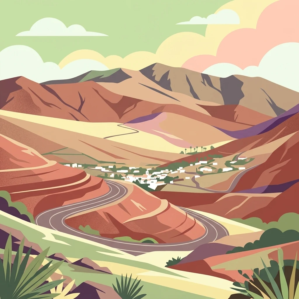 A flat-style vector illustration depicting a mountainous volcanic landscape with a winding road leading to a small village in a valley.