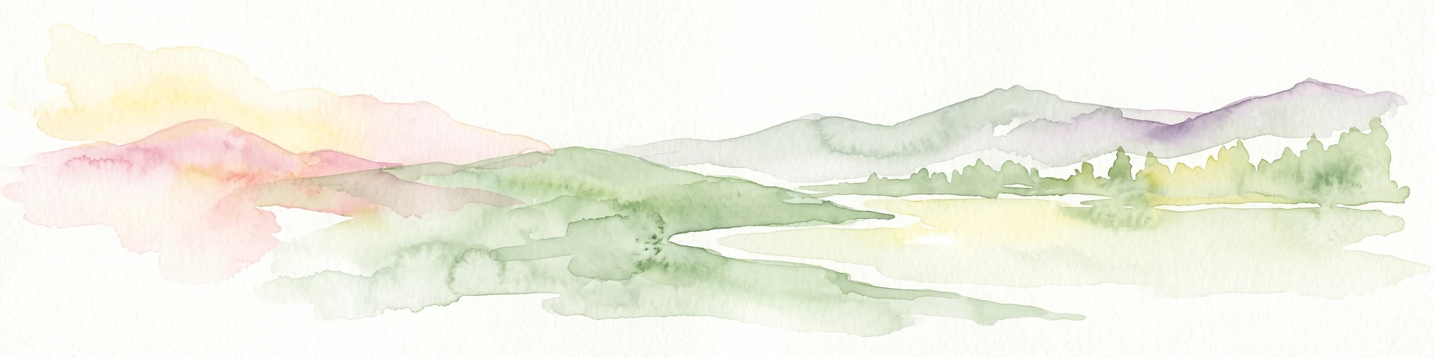 A soft watercolor illustration of a landscape with muted green and purple hills against a white background.