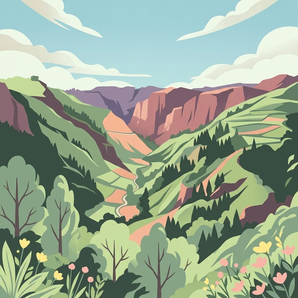 A stylized illustration of a deep, green valley nestled between steep, rocky mountains under a blue sky with soft white clouds, featuring foreground wildflowers.