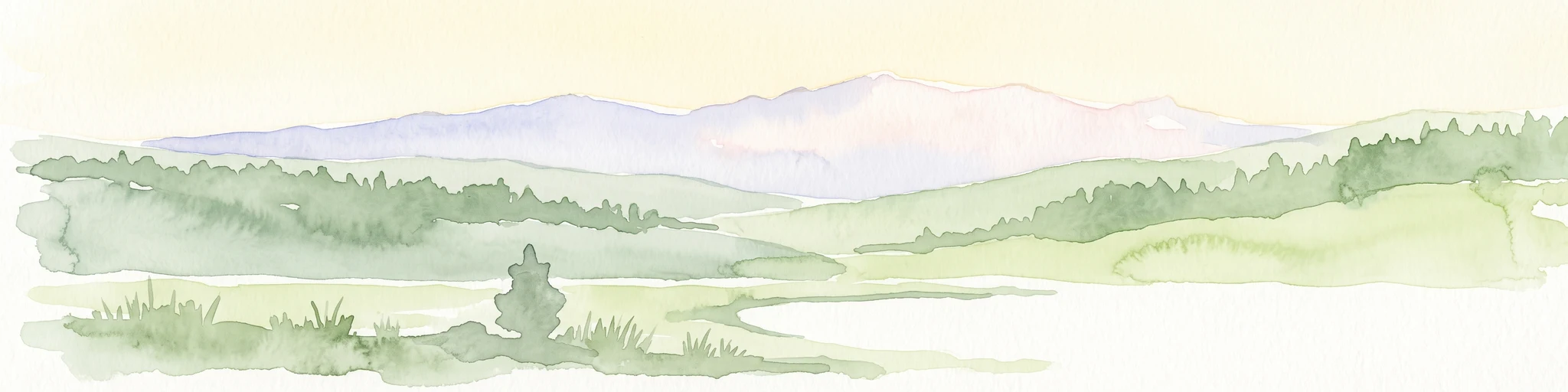 A soft watercolor painting showing a rolling landscape with green hills, a small tree in the foreground, and pale blue mountains in the background.