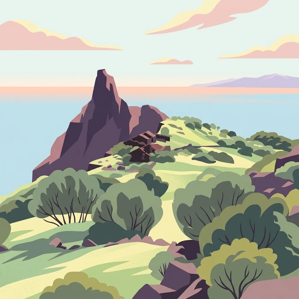 A digital illustration showing a rocky, pointed volcanic peak rising above a green hillside with sparse shrubs, set against a calm sea and soft sunset sky.