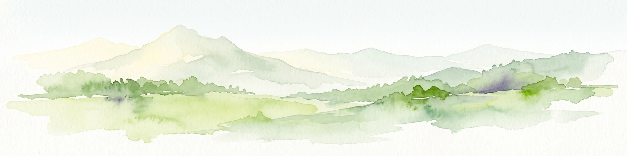 A soft watercolor painting depicting green rolling hills and layered mountain ridges against a white background.