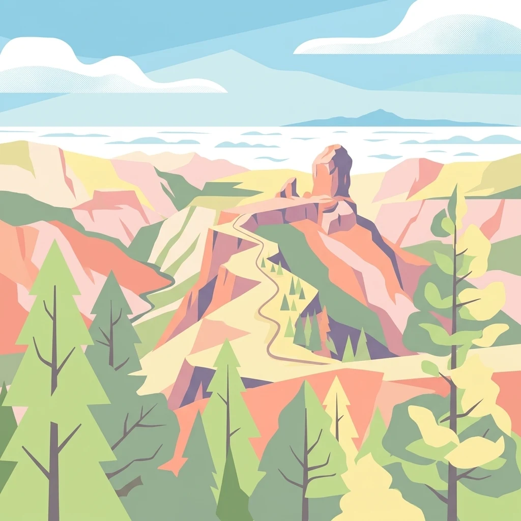 A digital illustration of a mountainous park landscape showing deep canyons and a prominent rock formation in the distance, framed by stylized coniferous trees in the foreground.