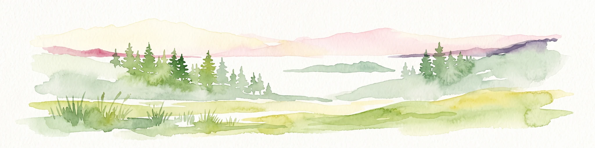 Watercolor painting of a light-filled landscape featuring soft green hills, clusters of pine trees, and distant ridgelines in muted pinks and purples.