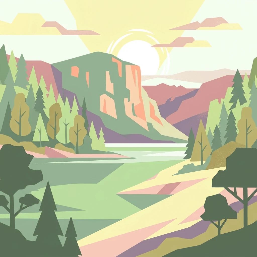 A minimalist, flat-style illustration of a river landscape with pine trees, steep valley walls, and a rising sun in the background.