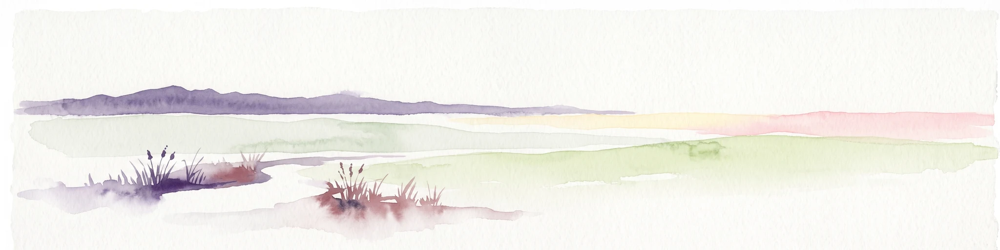 A pale, minimalist watercolor painting showing a wide, grassy field leading to distant, low mountain hills under a bright, light sky.