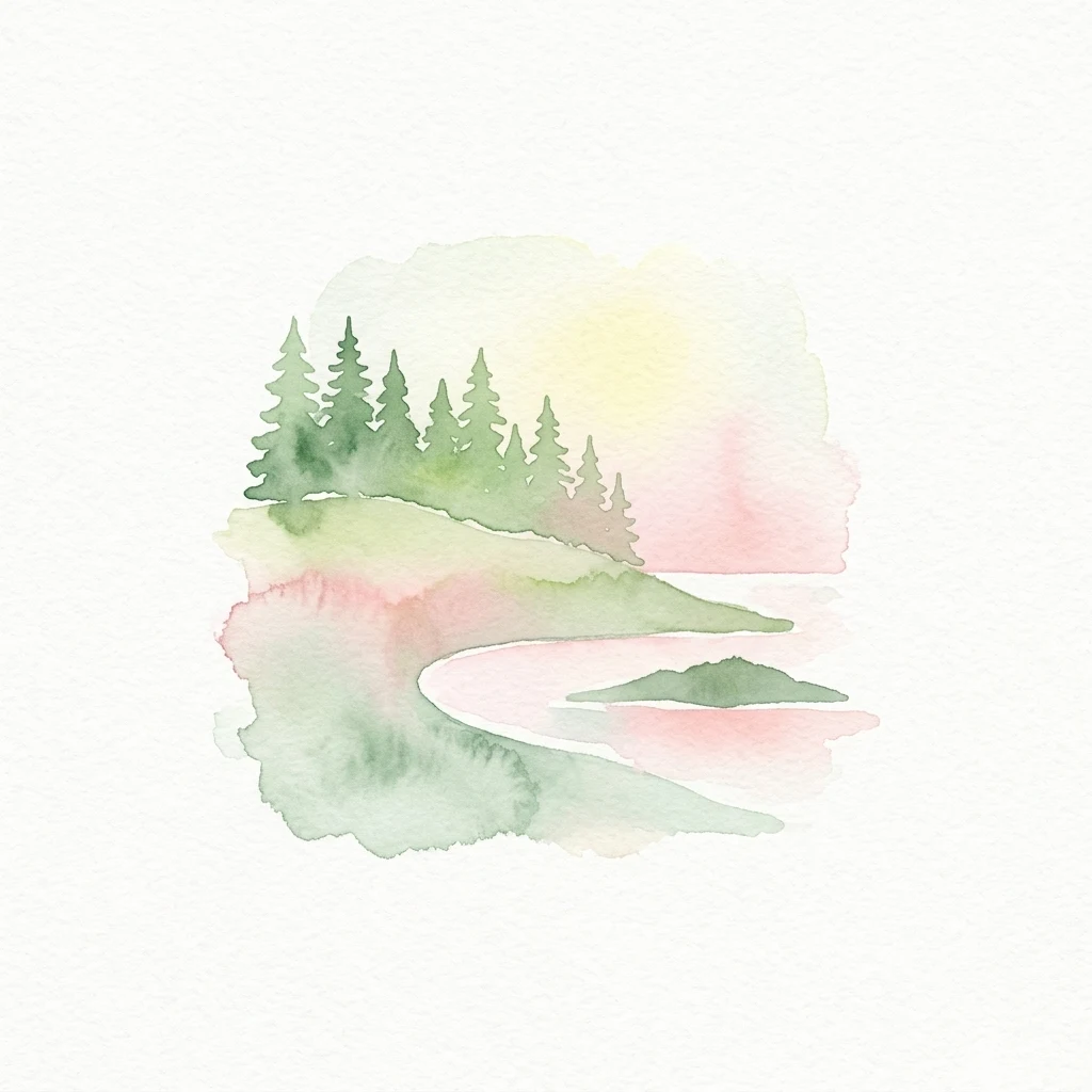 Ilustración acuarela que muestra un paisaje boscoso con un río serpenteante, una pequeña isla y un cielo al atardecer