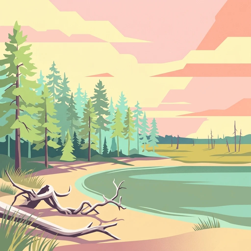 Ilustración de una orilla boscosa con un lago, un árbol caído y un cielo colorido